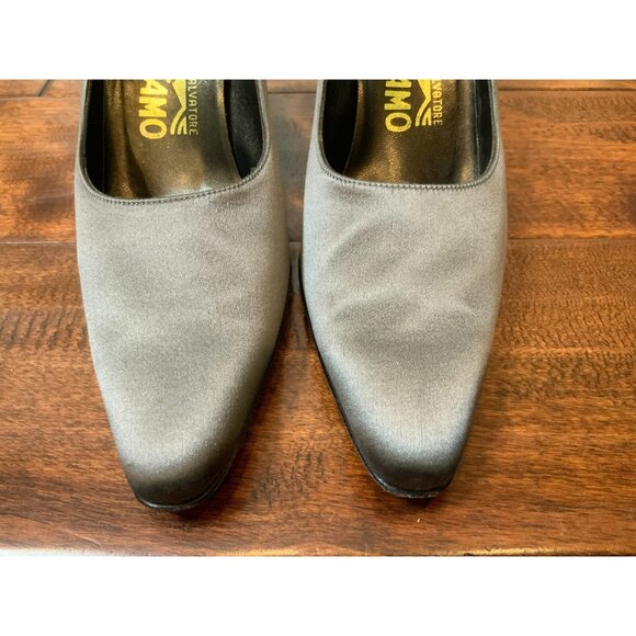 Salvatore Ferragamo Gray Satin Square Toe High Heels, Size 7.5 - Picture 3 of 9